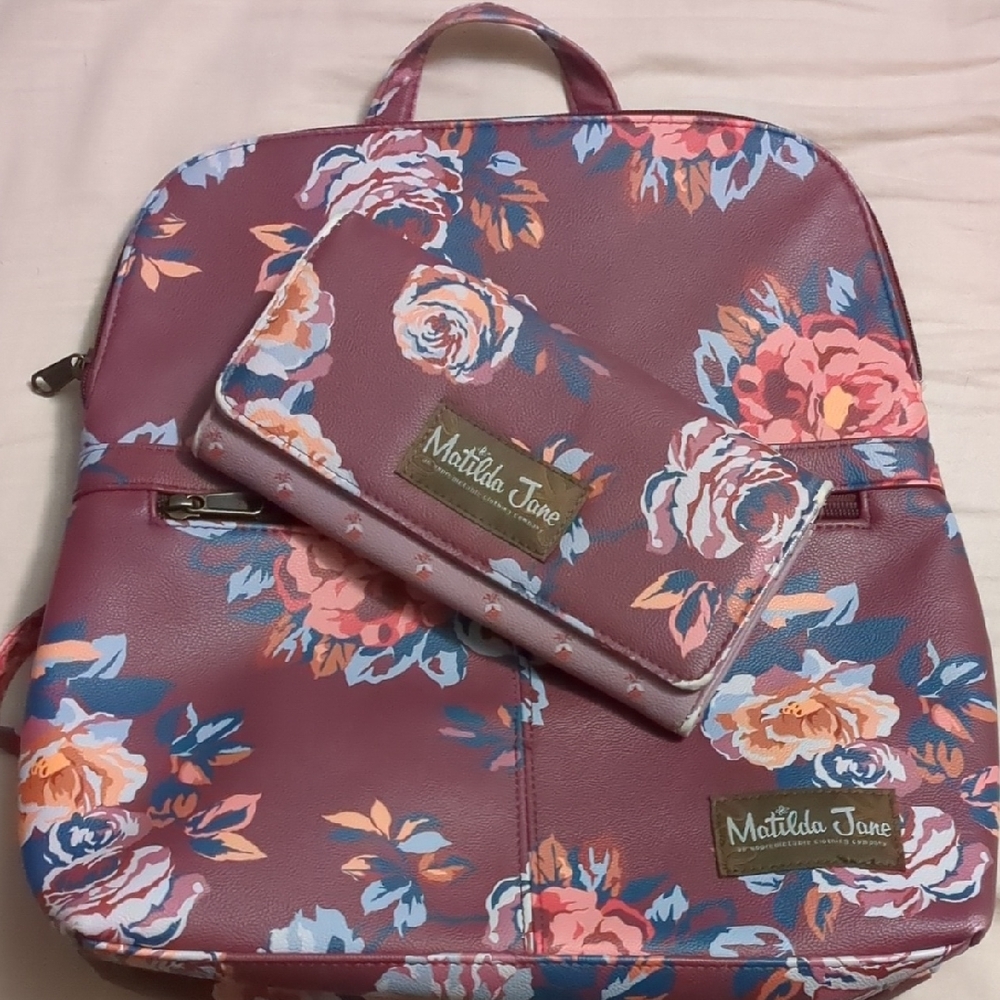 Matilda Jane Rose Pattern Backpack and Wallet - Burgundy, Pink and Blue
